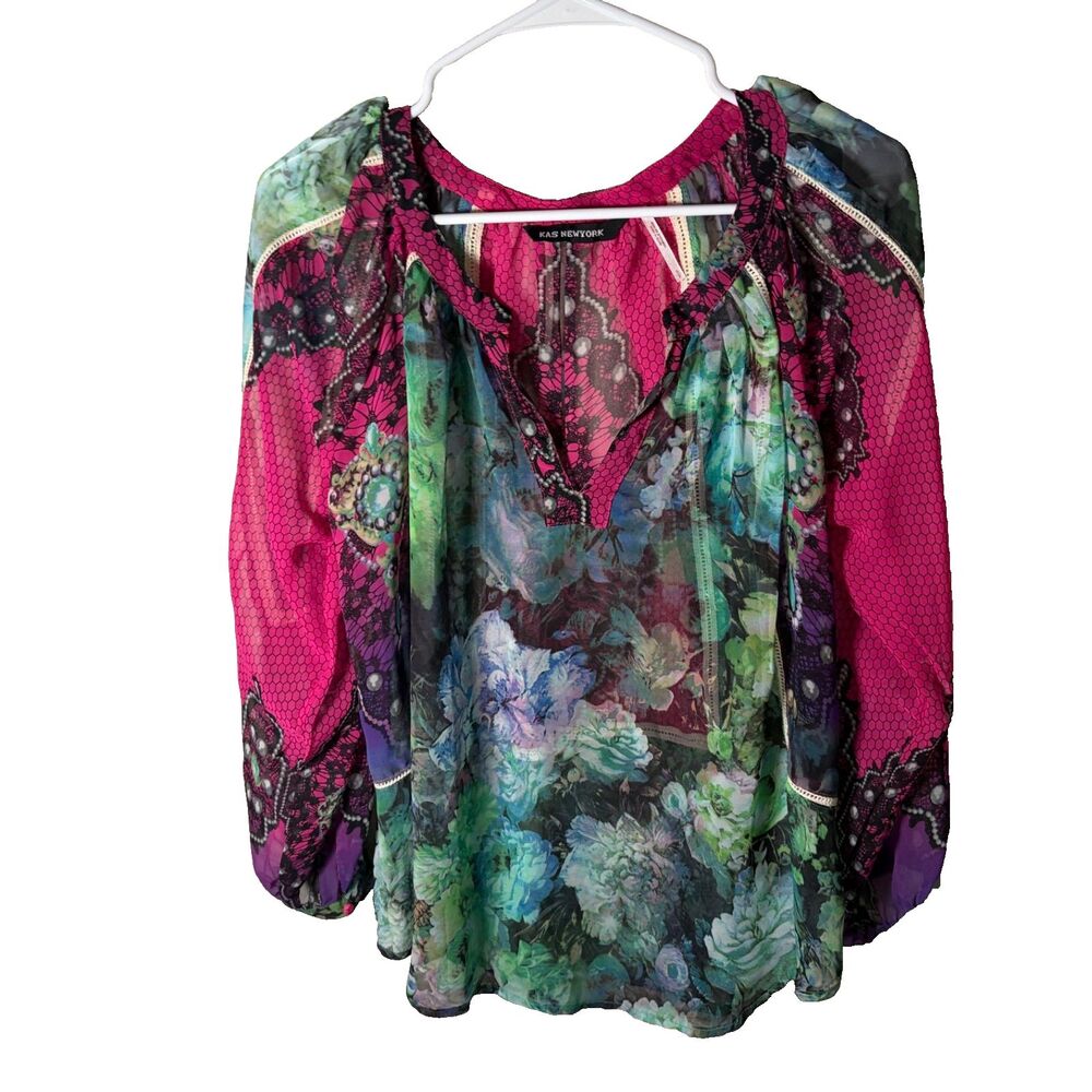Kas New York Blouse Women's Small V-Neck Sheer 3/4 Sleeve V-Neck Colorful Top